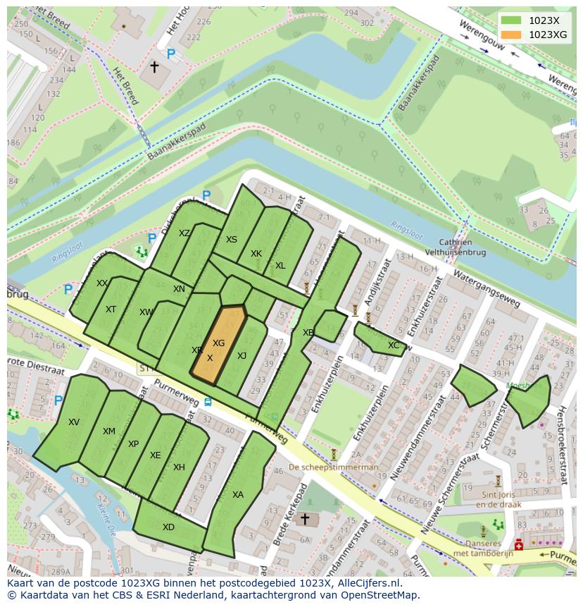 Afbeelding van het postcodegebied 1023 XG op de kaart.