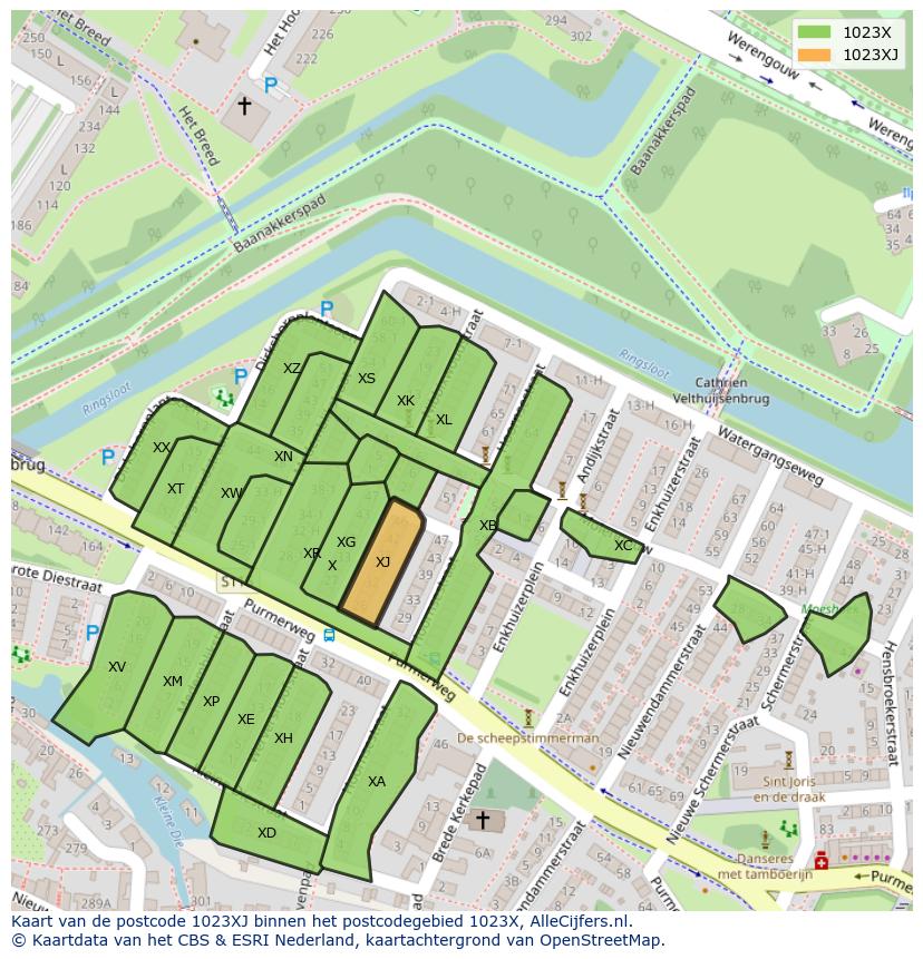 Afbeelding van het postcodegebied 1023 XJ op de kaart.