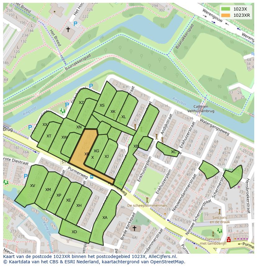 Afbeelding van het postcodegebied 1023 XR op de kaart.