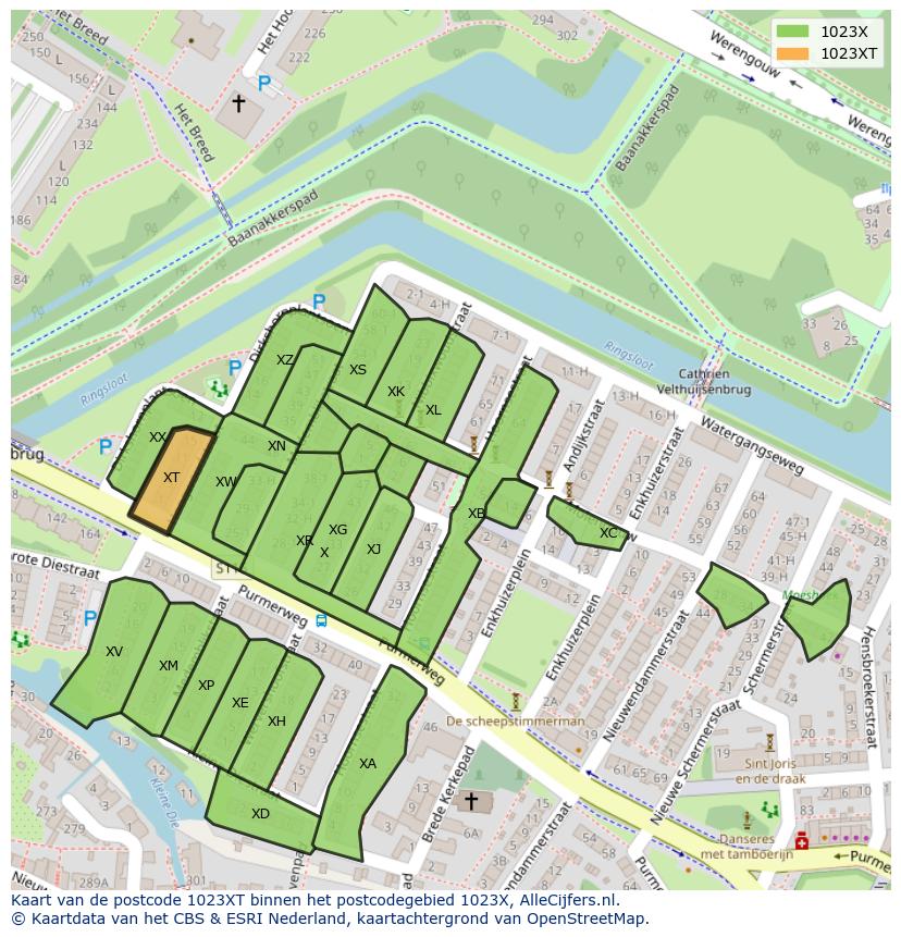 Afbeelding van het postcodegebied 1023 XT op de kaart.