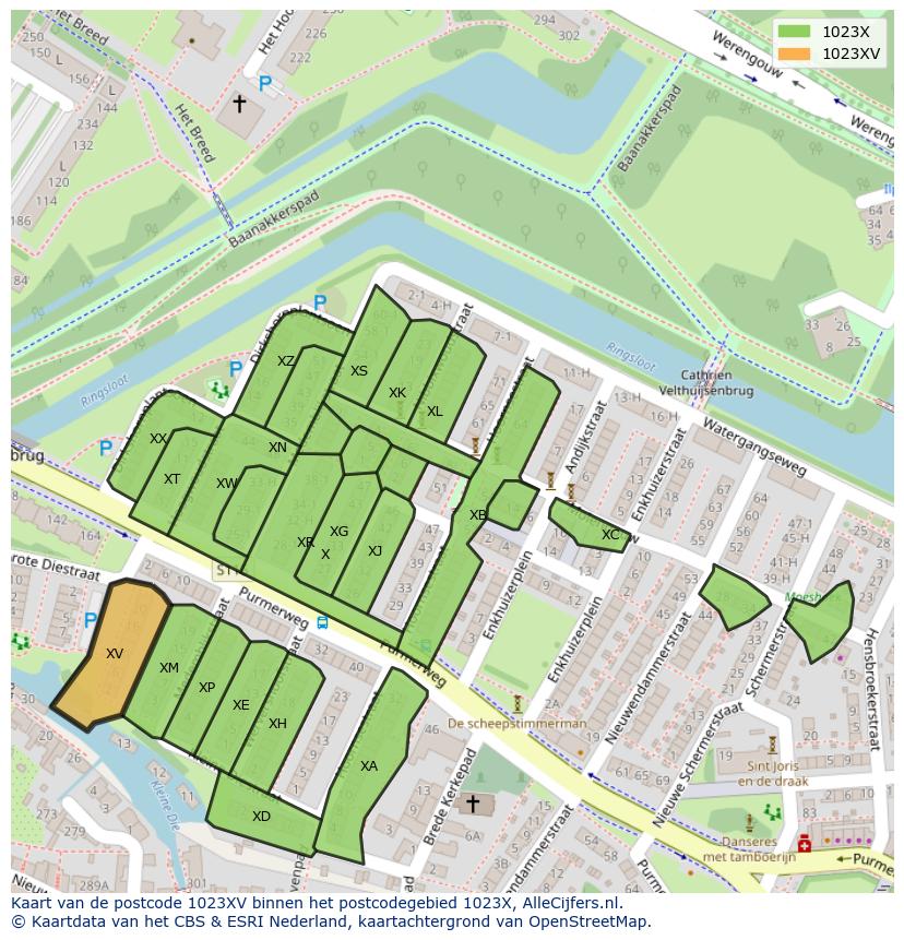 Afbeelding van het postcodegebied 1023 XV op de kaart.
