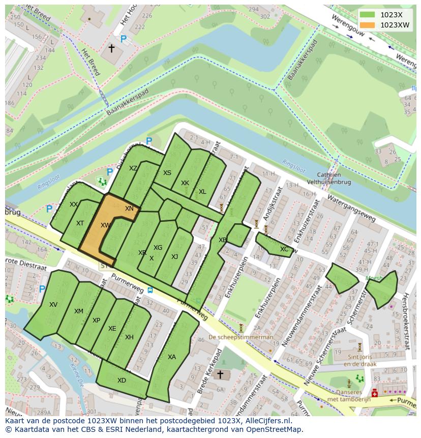 Afbeelding van het postcodegebied 1023 XW op de kaart.