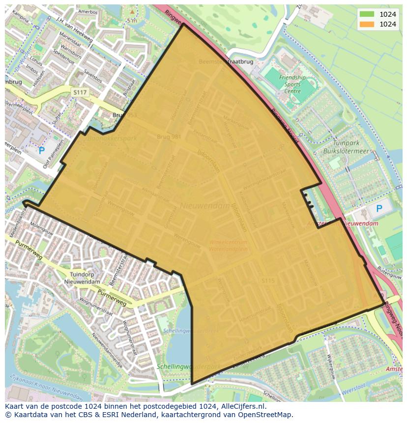 Afbeelding van het postcodegebied 1024 op de kaart.