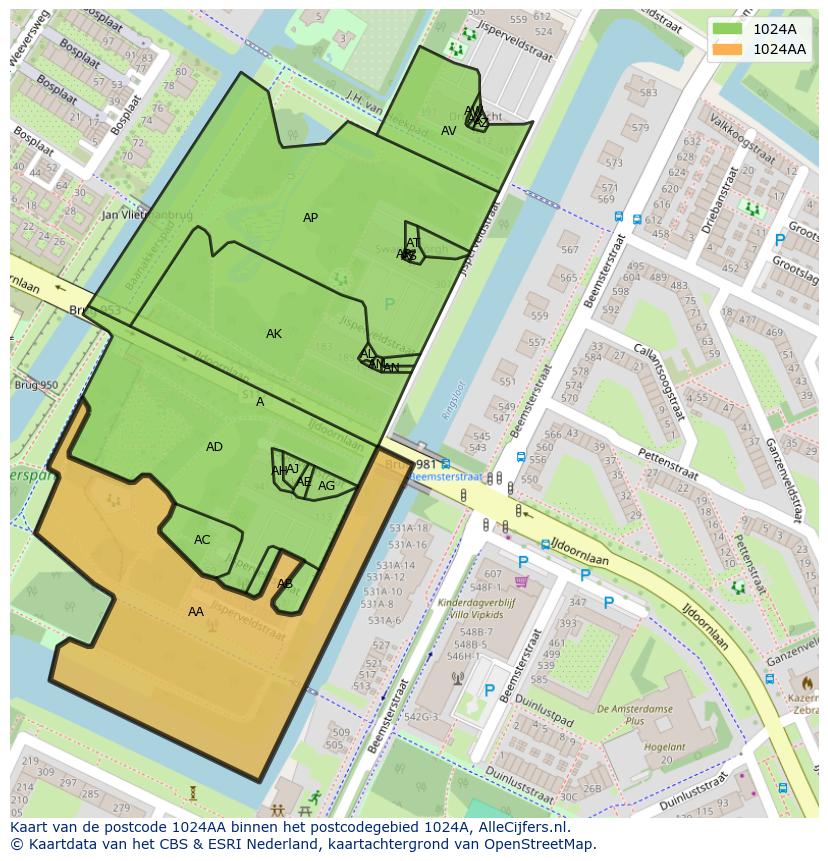 Afbeelding van het postcodegebied 1024 AA op de kaart.
