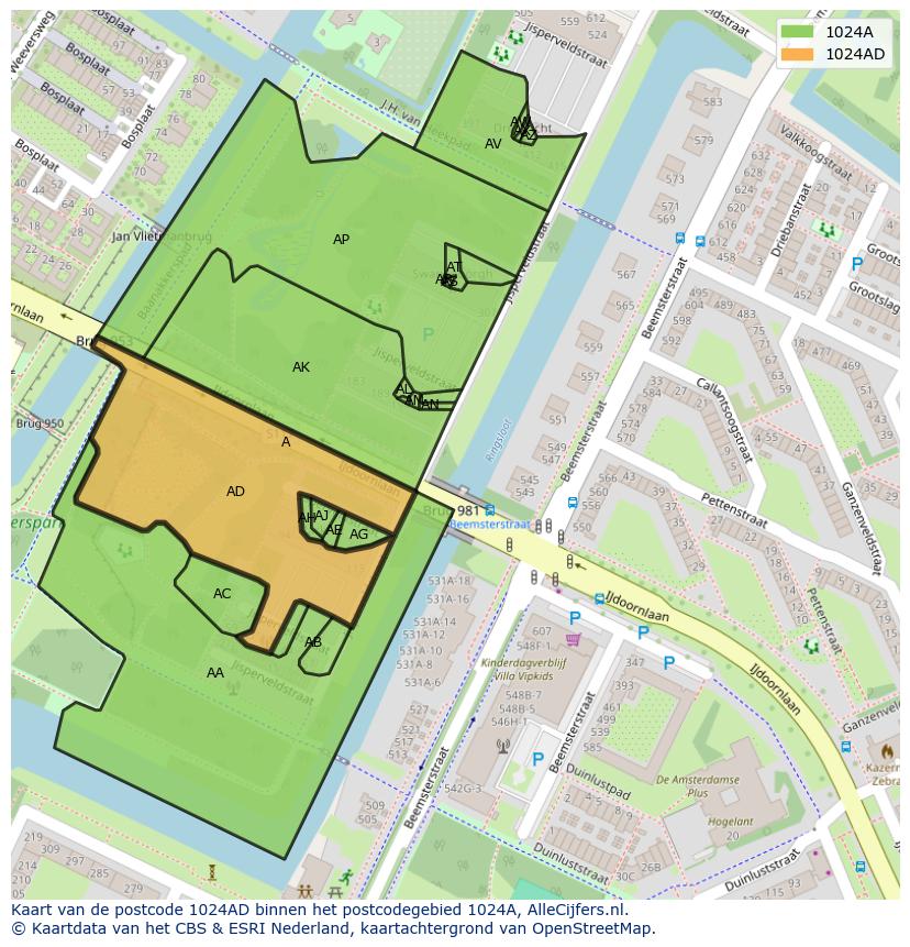 Afbeelding van het postcodegebied 1024 AD op de kaart.