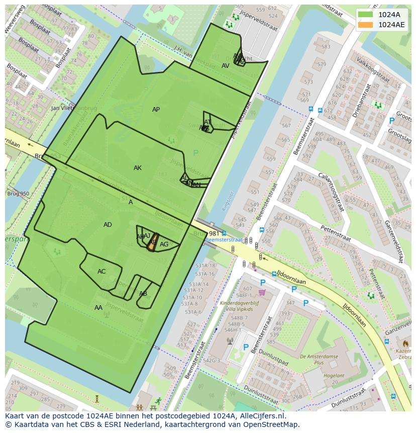 Afbeelding van het postcodegebied 1024 AE op de kaart.