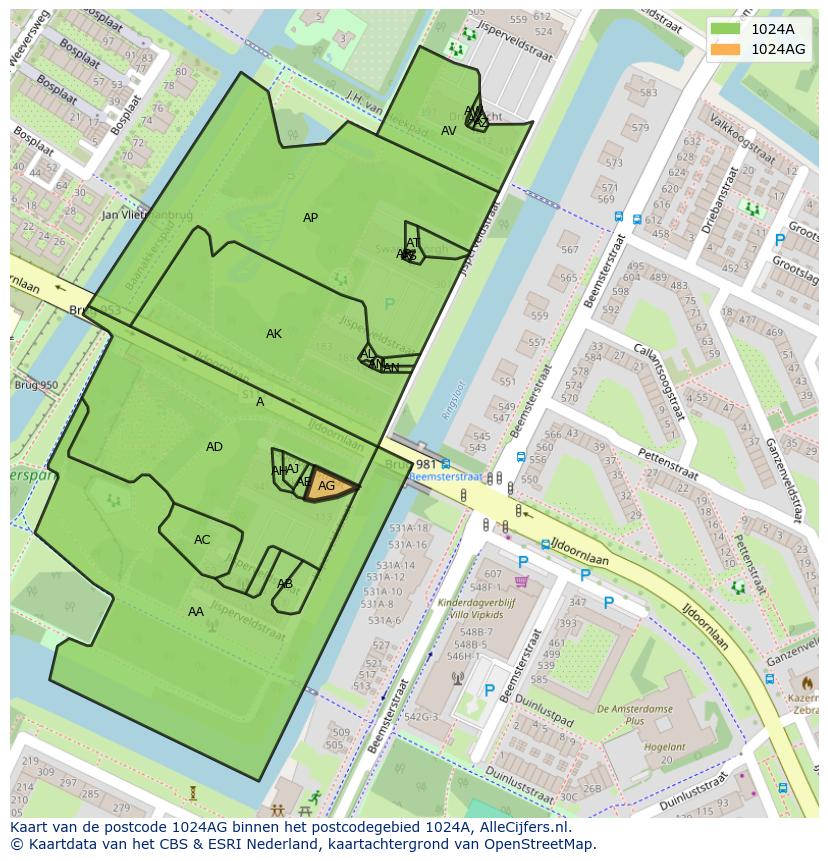 Afbeelding van het postcodegebied 1024 AG op de kaart.