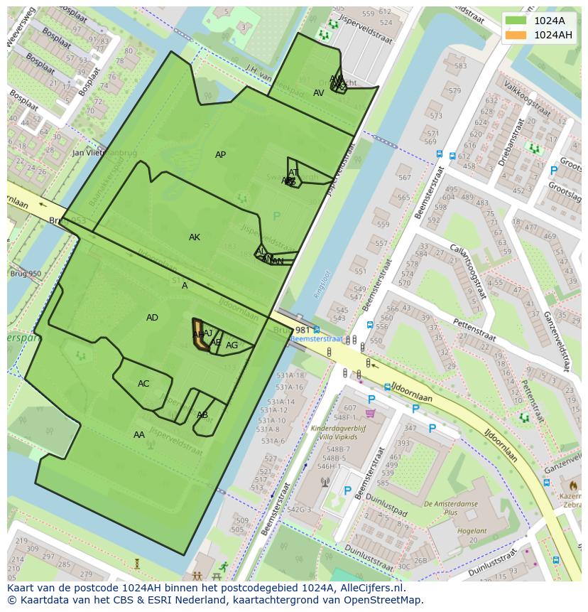 Afbeelding van het postcodegebied 1024 AH op de kaart.