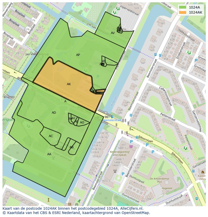 Afbeelding van het postcodegebied 1024 AK op de kaart.