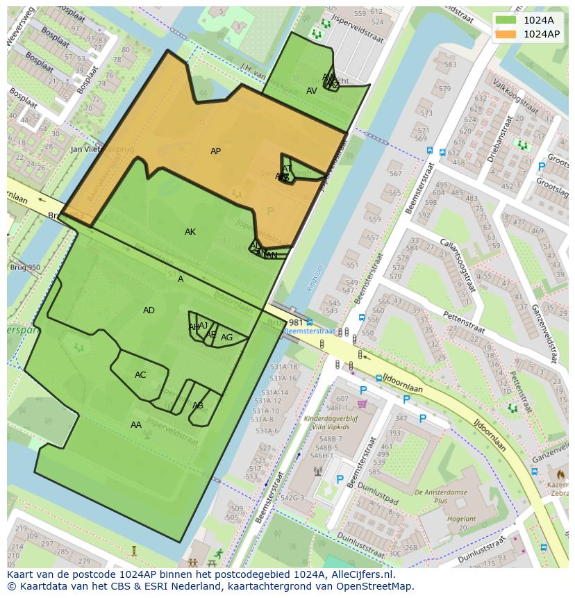 Afbeelding van het postcodegebied 1024 AP op de kaart.