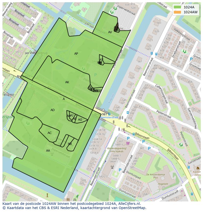Afbeelding van het postcodegebied 1024 AW op de kaart.