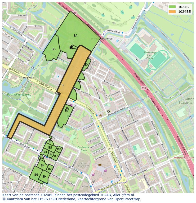 Afbeelding van het postcodegebied 1024 BE op de kaart.