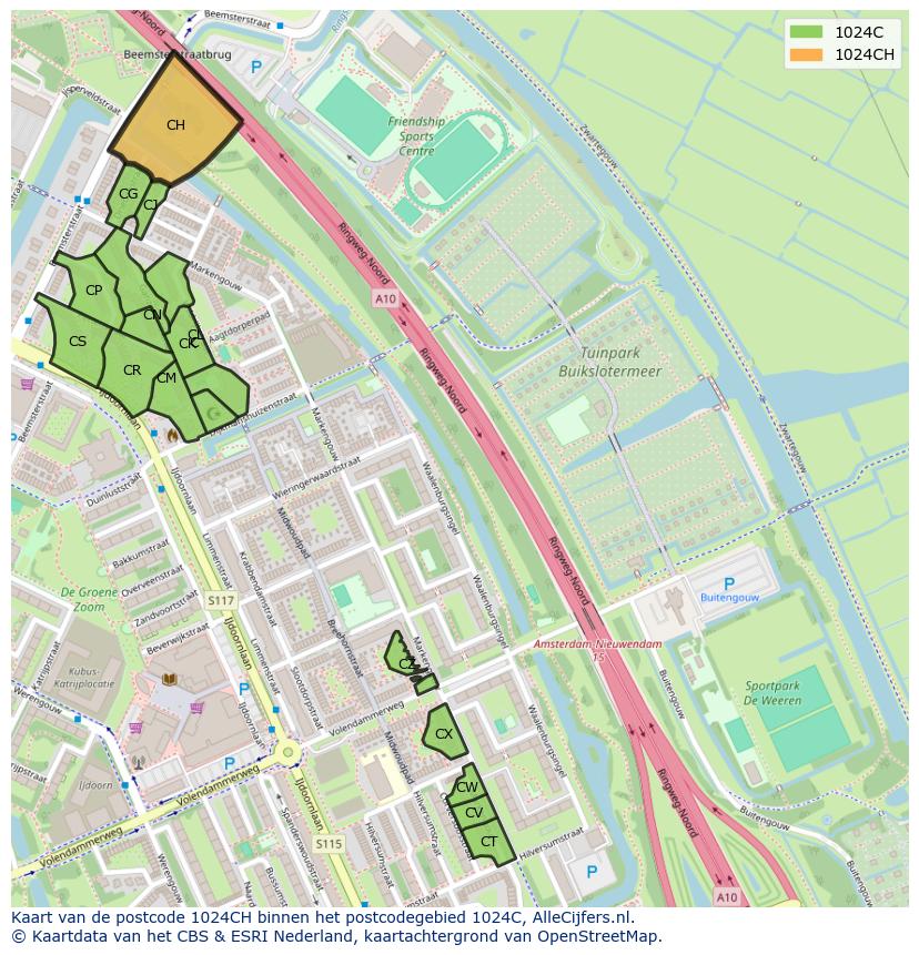 Afbeelding van het postcodegebied 1024 CH op de kaart.