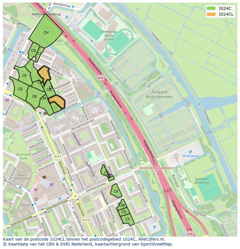 Afbeelding van het postcodegebied 1024 CL op de kaart.