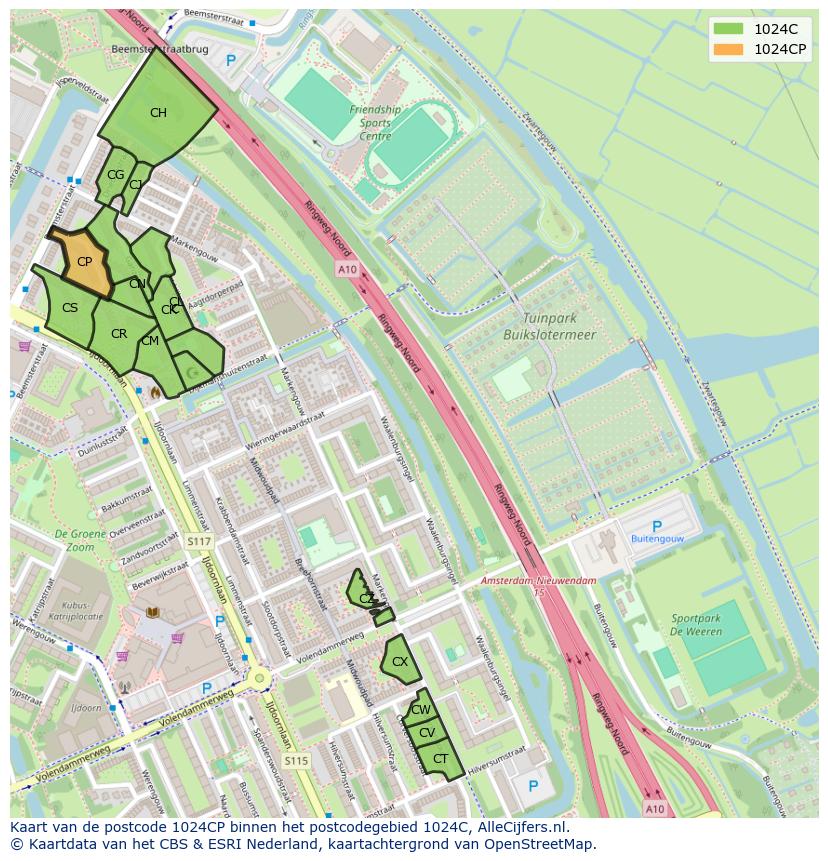Afbeelding van het postcodegebied 1024 CP op de kaart.