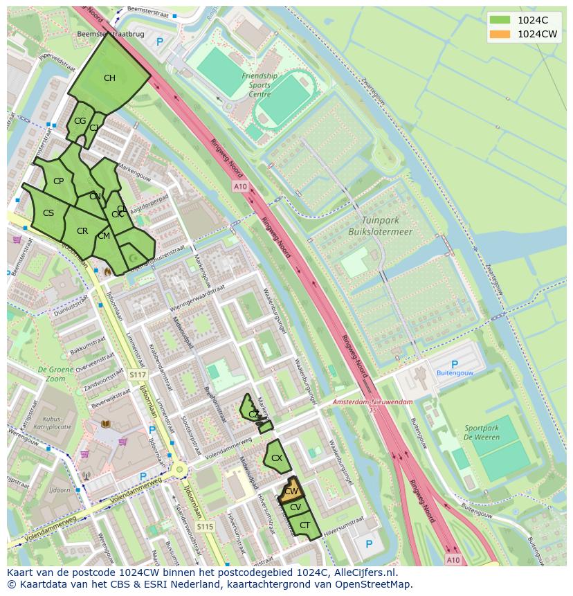 Afbeelding van het postcodegebied 1024 CW op de kaart.
