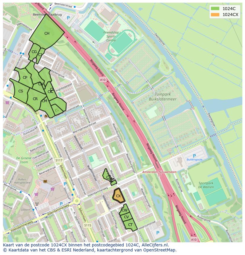 Afbeelding van het postcodegebied 1024 CX op de kaart.