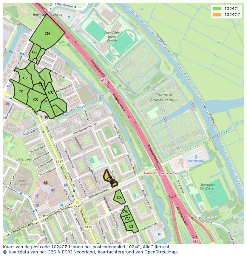 Afbeelding van het postcodegebied 1024 CZ op de kaart.