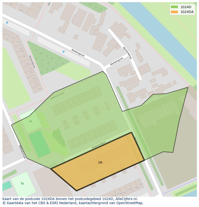 Afbeelding van het postcodegebied 1024 DA op de kaart.