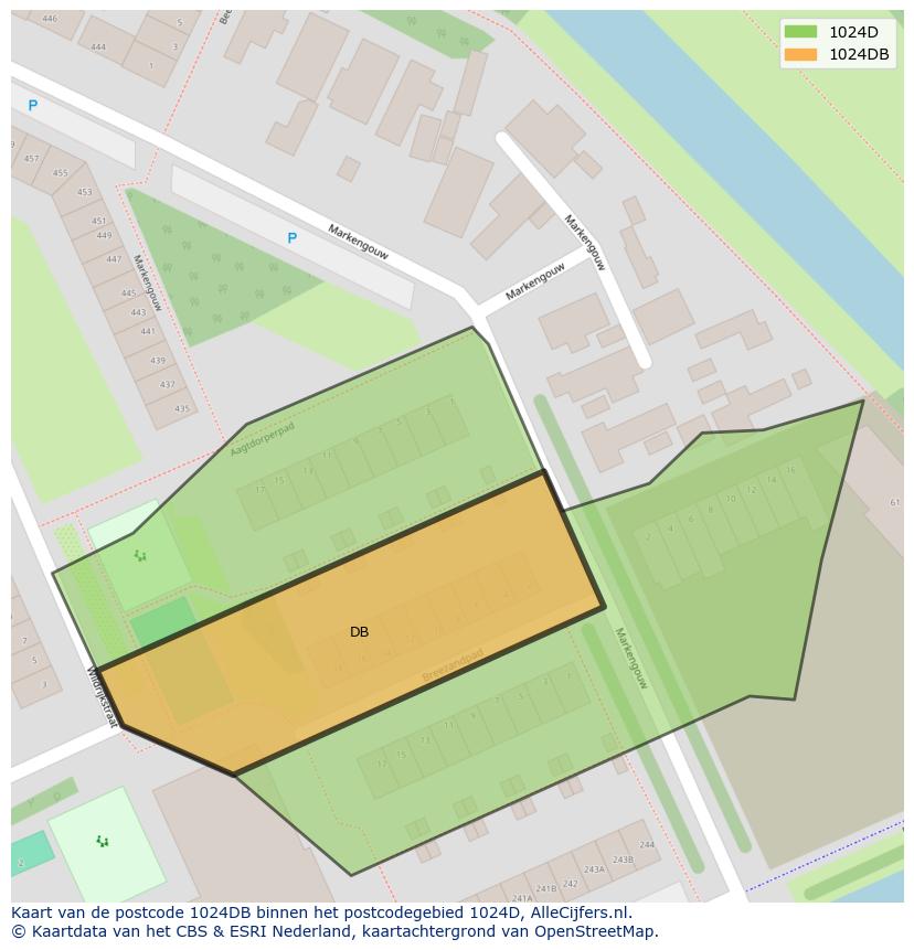 Afbeelding van het postcodegebied 1024 DB op de kaart.