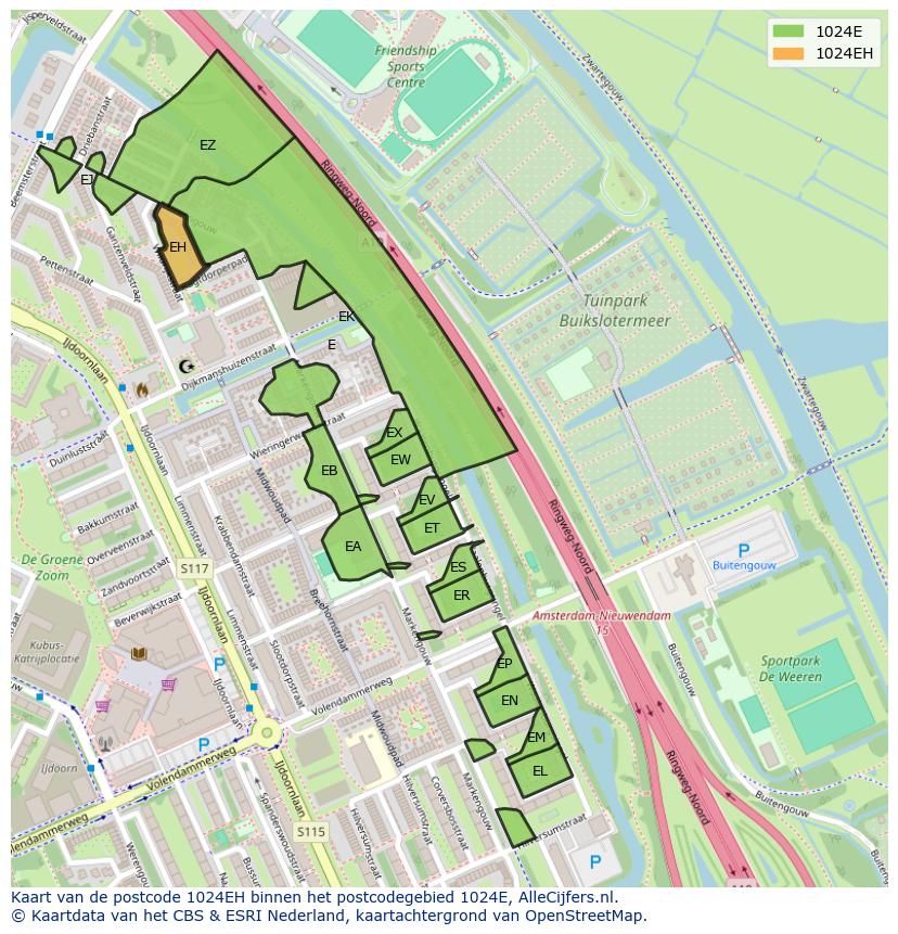Afbeelding van het postcodegebied 1024 EH op de kaart.
