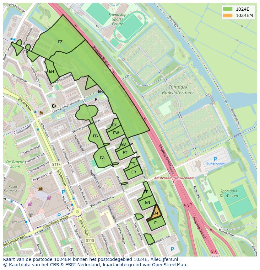 Afbeelding van het postcodegebied 1024 EM op de kaart.