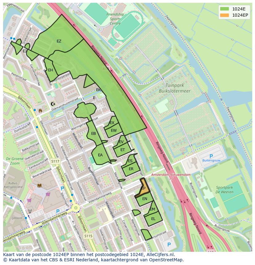 Afbeelding van het postcodegebied 1024 EP op de kaart.
