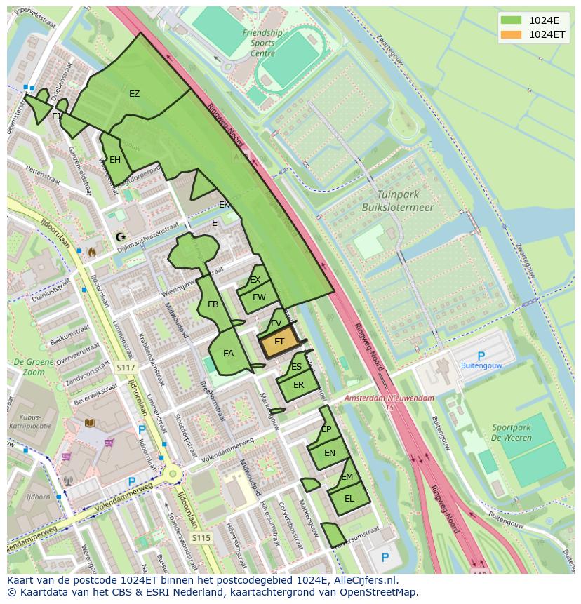 Afbeelding van het postcodegebied 1024 ET op de kaart.