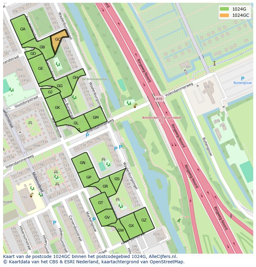 Afbeelding van het postcodegebied 1024 GC op de kaart.