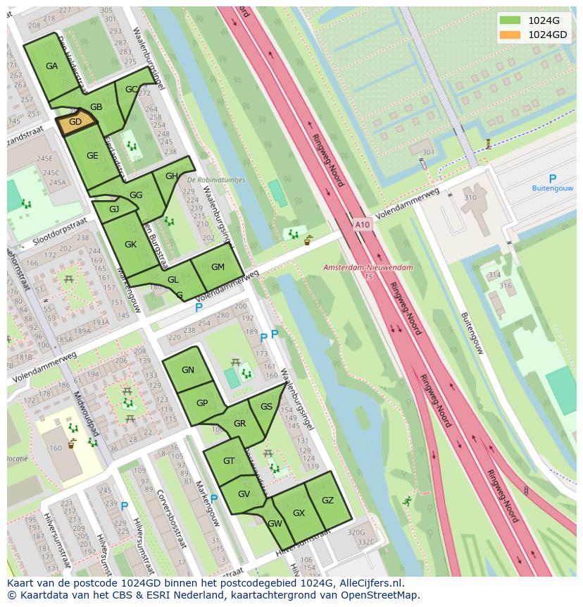 Afbeelding van het postcodegebied 1024 GD op de kaart.