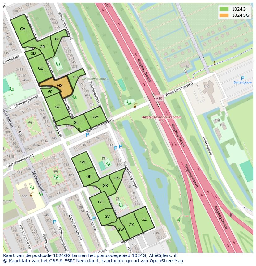 Afbeelding van het postcodegebied 1024 GG op de kaart.