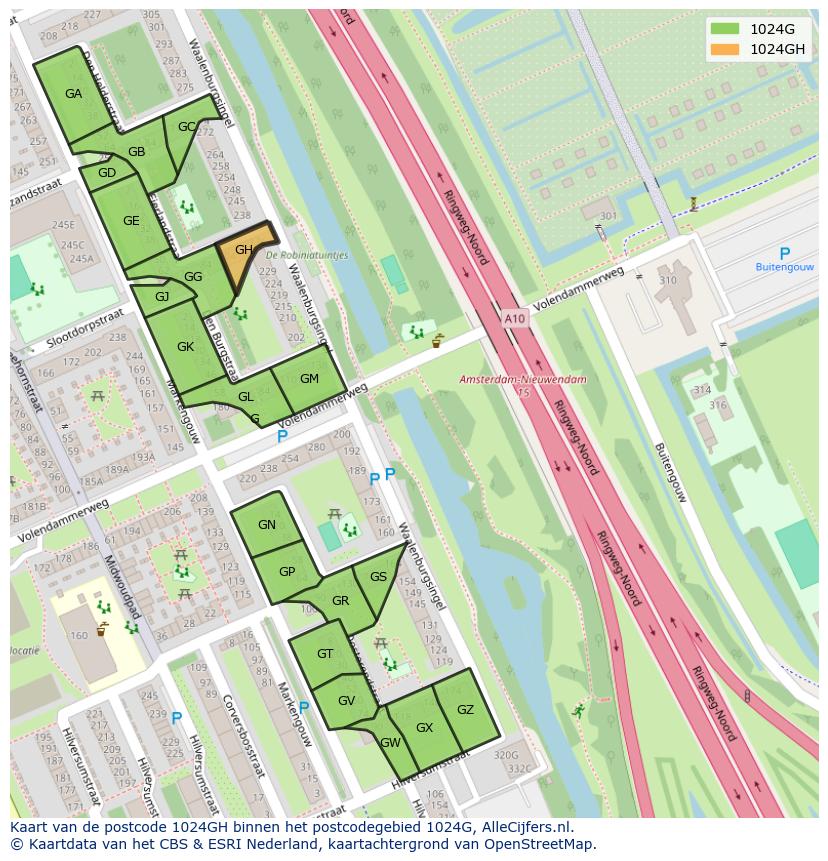 Afbeelding van het postcodegebied 1024 GH op de kaart.