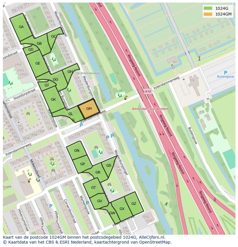 Afbeelding van het postcodegebied 1024 GM op de kaart.