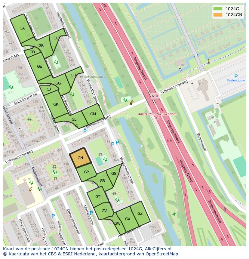 Afbeelding van het postcodegebied 1024 GN op de kaart.