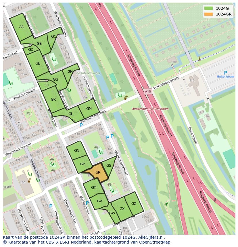 Afbeelding van het postcodegebied 1024 GR op de kaart.