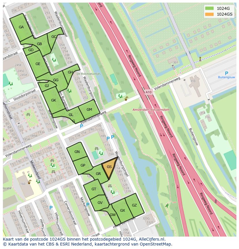 Afbeelding van het postcodegebied 1024 GS op de kaart.