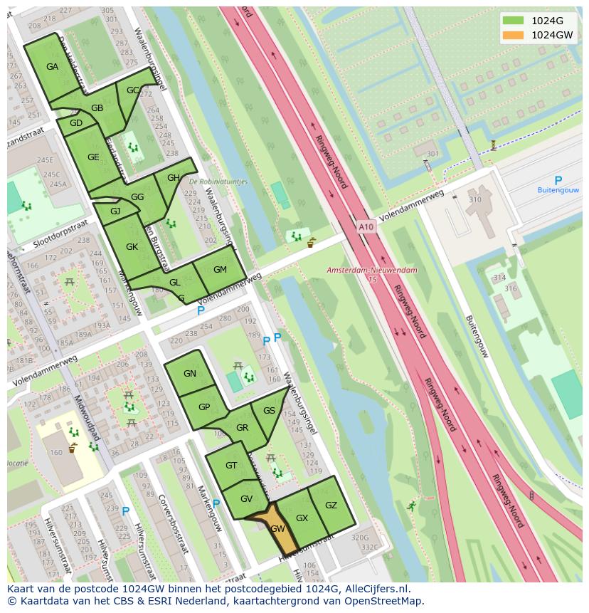 Afbeelding van het postcodegebied 1024 GW op de kaart.