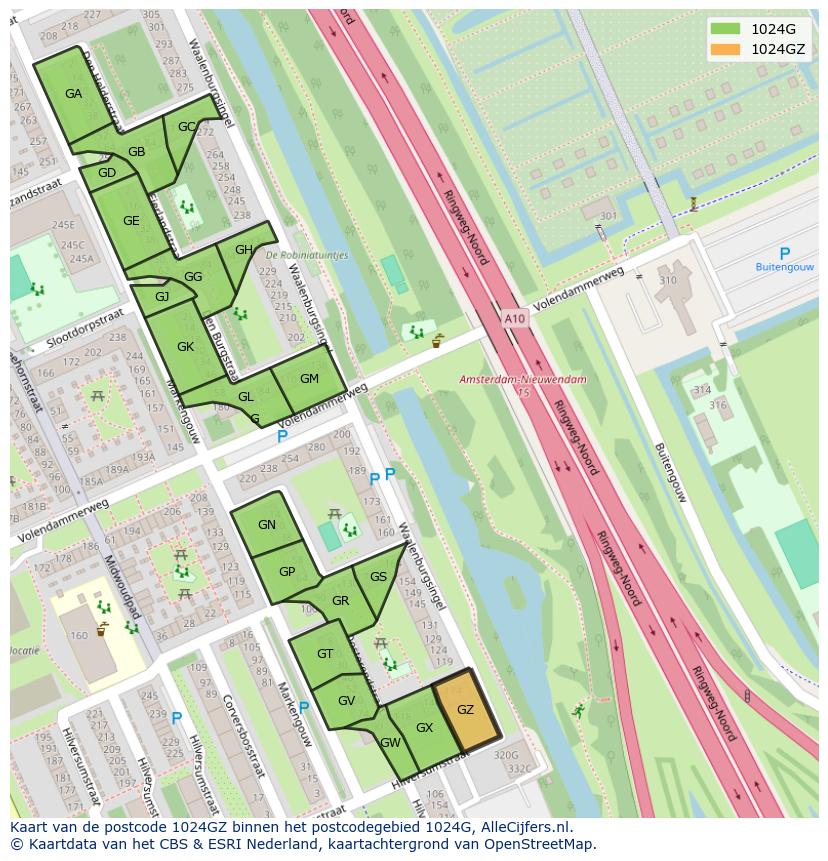 Afbeelding van het postcodegebied 1024 GZ op de kaart.