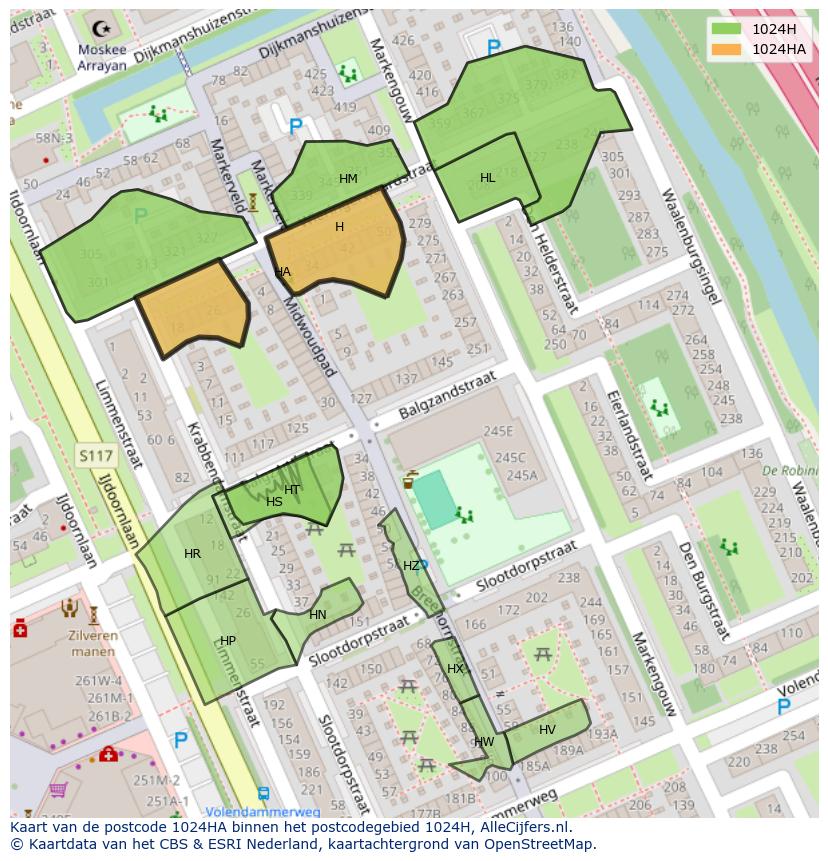 Afbeelding van het postcodegebied 1024 HA op de kaart.