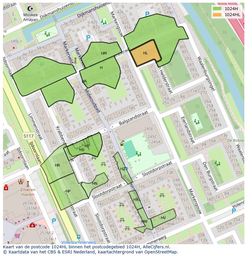 Afbeelding van het postcodegebied 1024 HL op de kaart.