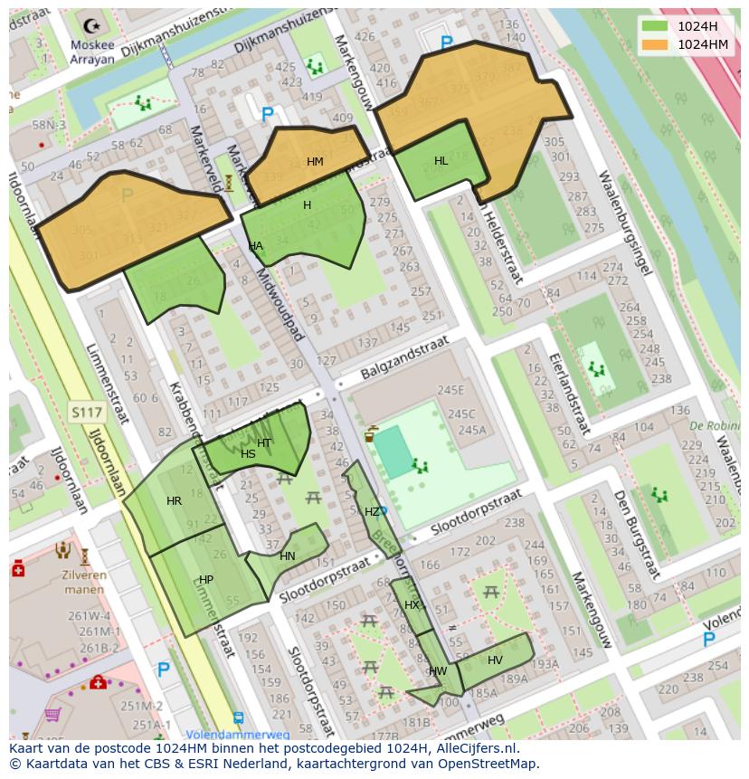 Afbeelding van het postcodegebied 1024 HM op de kaart.