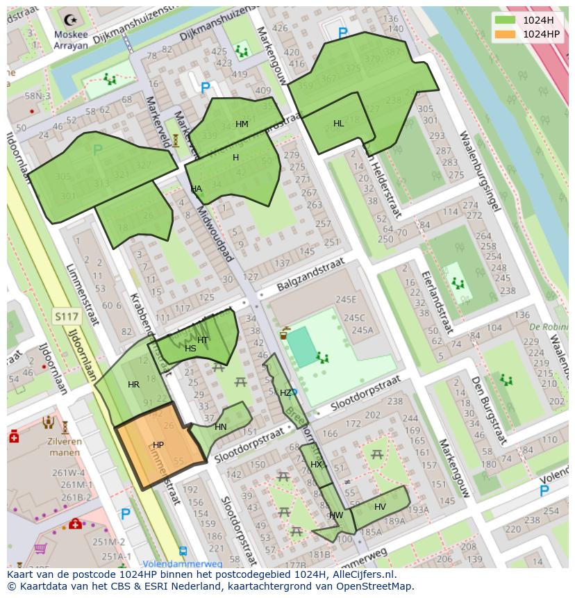 Afbeelding van het postcodegebied 1024 HP op de kaart.