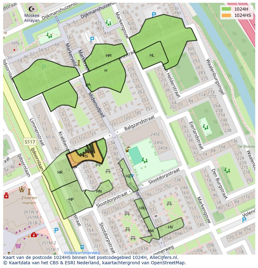 Afbeelding van het postcodegebied 1024 HS op de kaart.