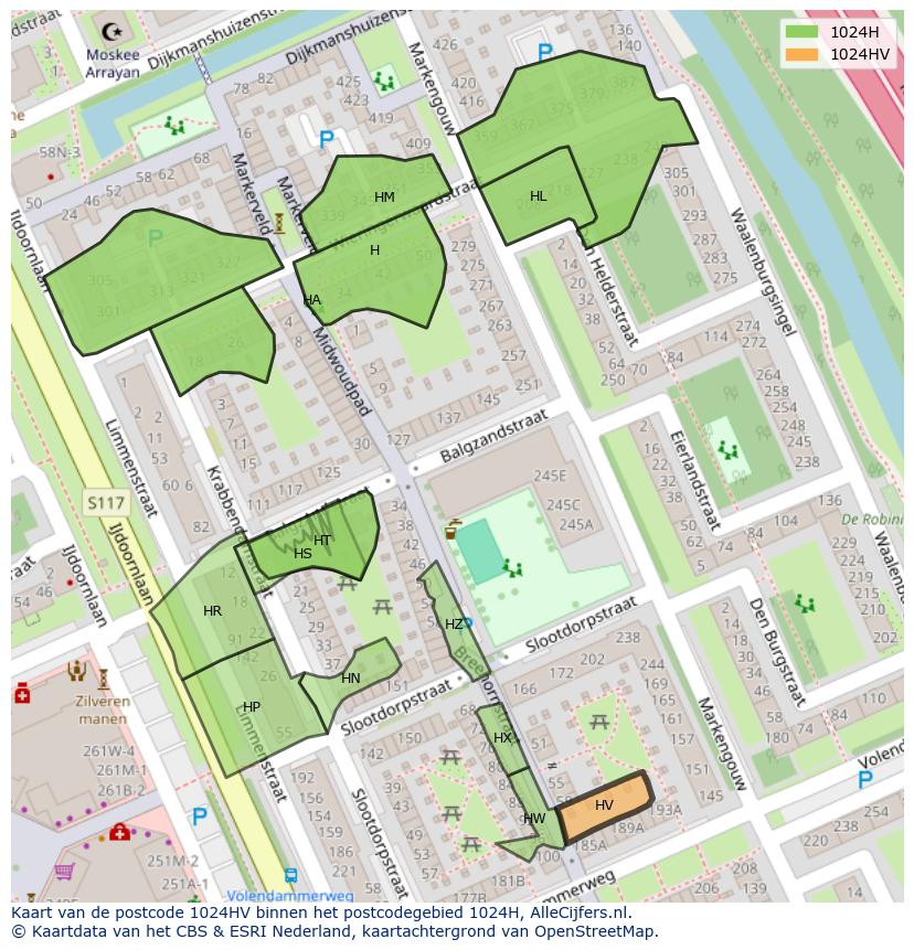 Afbeelding van het postcodegebied 1024 HV op de kaart.