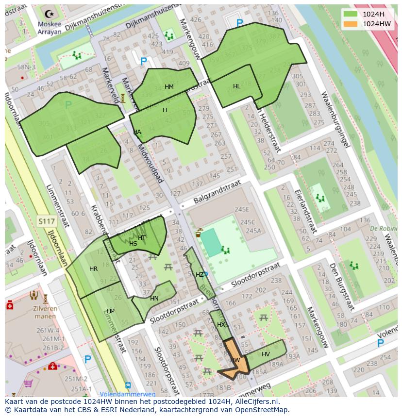 Afbeelding van het postcodegebied 1024 HW op de kaart.
