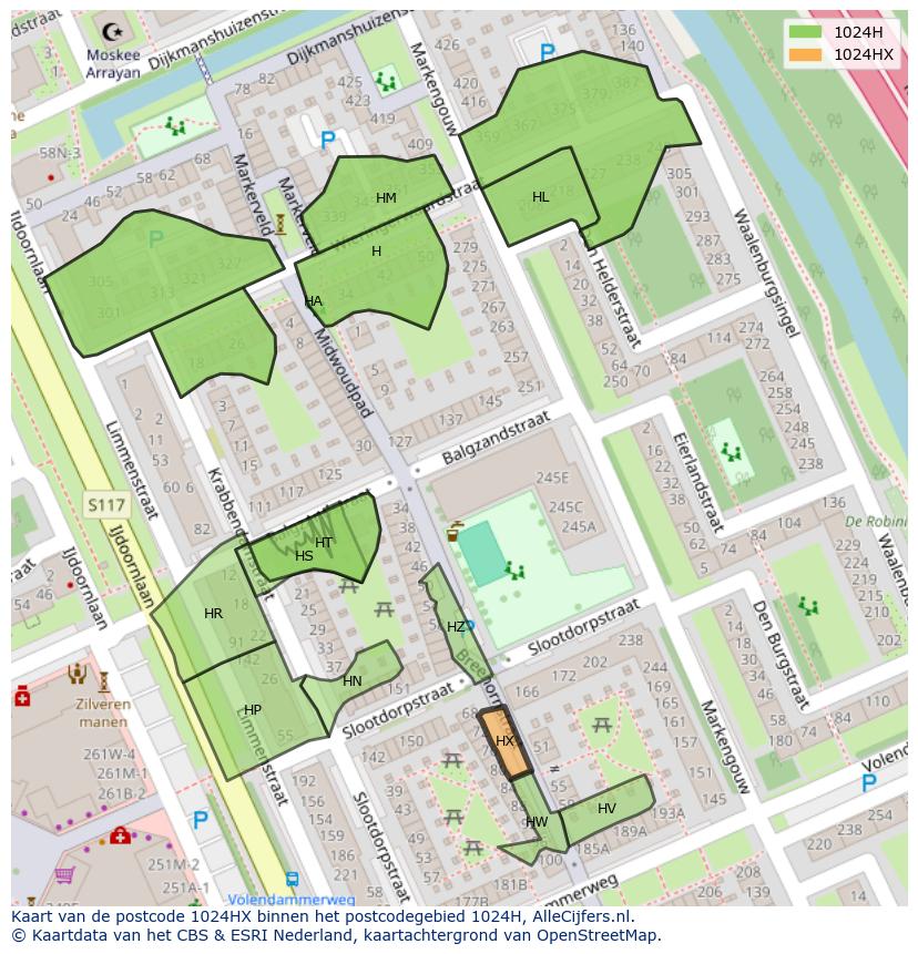 Afbeelding van het postcodegebied 1024 HX op de kaart.