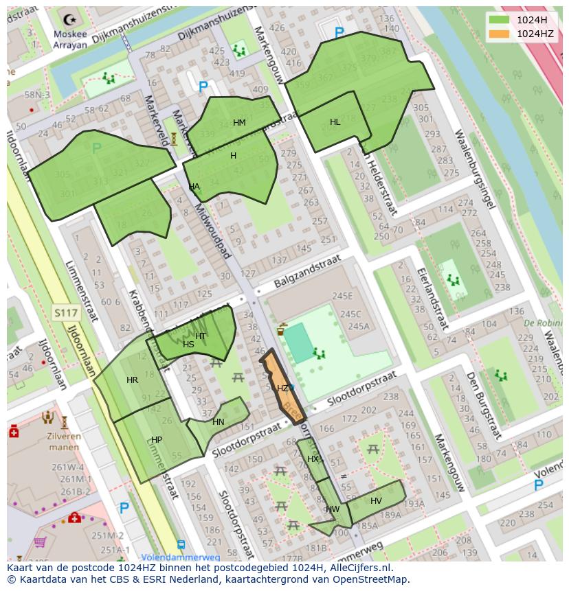 Afbeelding van het postcodegebied 1024 HZ op de kaart.
