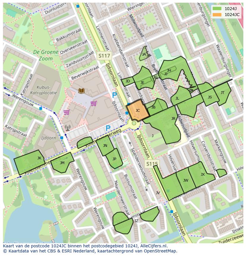 Afbeelding van het postcodegebied 1024 JC op de kaart.