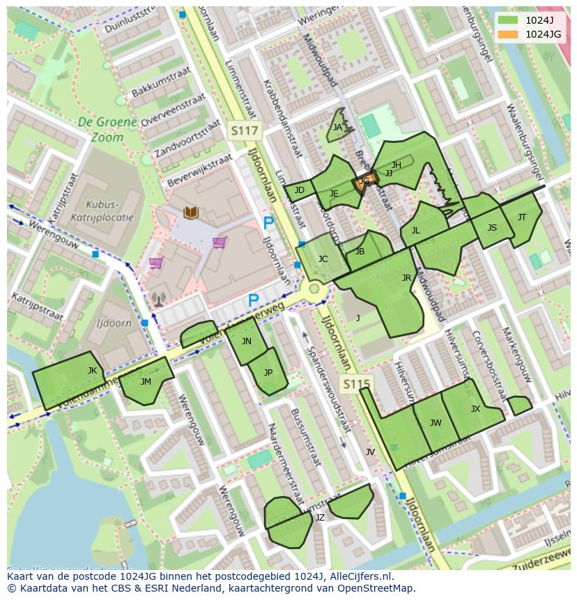 Afbeelding van het postcodegebied 1024 JG op de kaart.