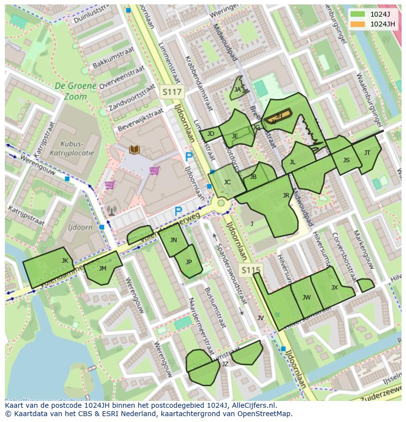 Afbeelding van het postcodegebied 1024 JH op de kaart.